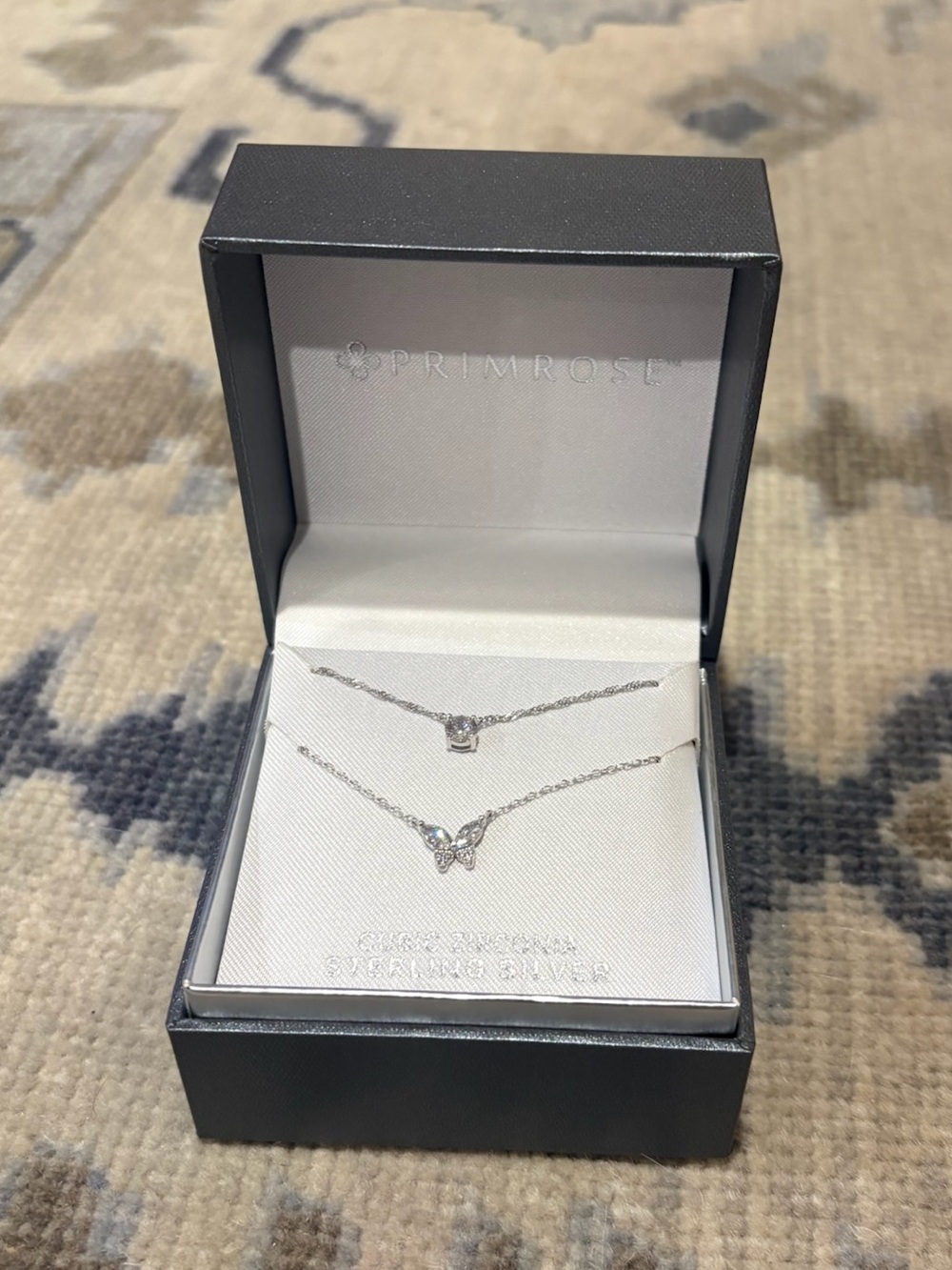 Primrose 925 Sterling Silver CZ Necklace Set Butterfly & Solitaire Gift Box